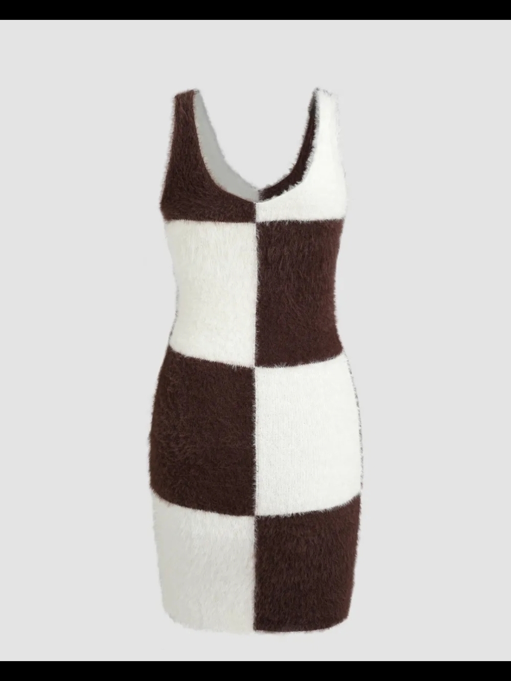 Checkerboard Knit Bodycon Dress in Brown and White